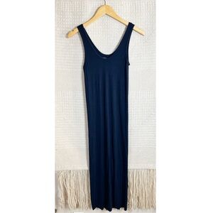 ENZA COSTA navy blue ribbed scoop neck sleeveless stretch silk midi dress M